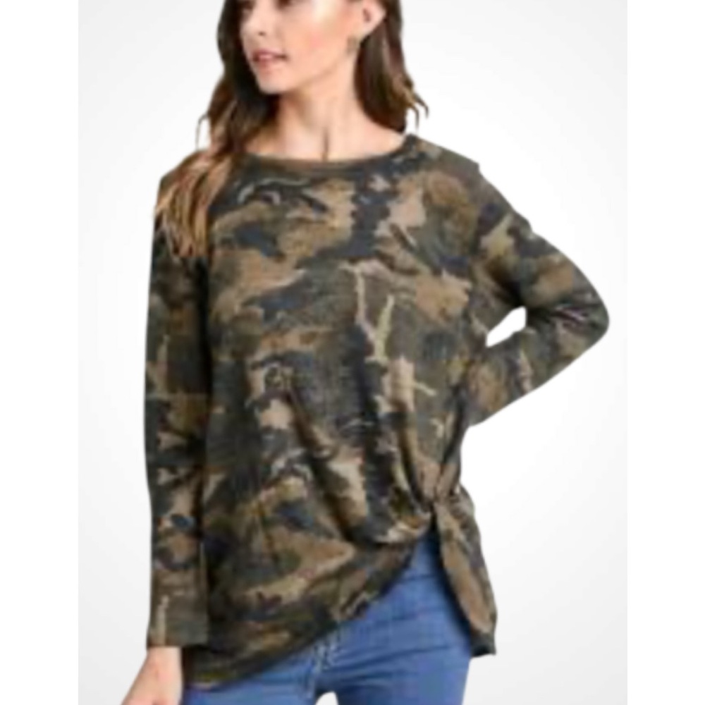 JODIFL Camouflage Long Sleeve Twist Front Stretch Knit Top Medium